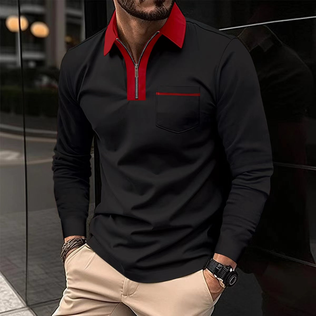 Autumn Mens Long Sleeve Zipper Polo Shirts Casual Lapel Collar Zip Up Henley Shirts Cotton Sports Golf Tennis T-Shirts With Pockets