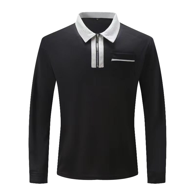 Autumn Mens Long Sleeve Zipper Polo Shirts Casual Lapel Collar Zip Up Henley Shirts Cotton Sports Golf Tennis T-Shirts With Pockets