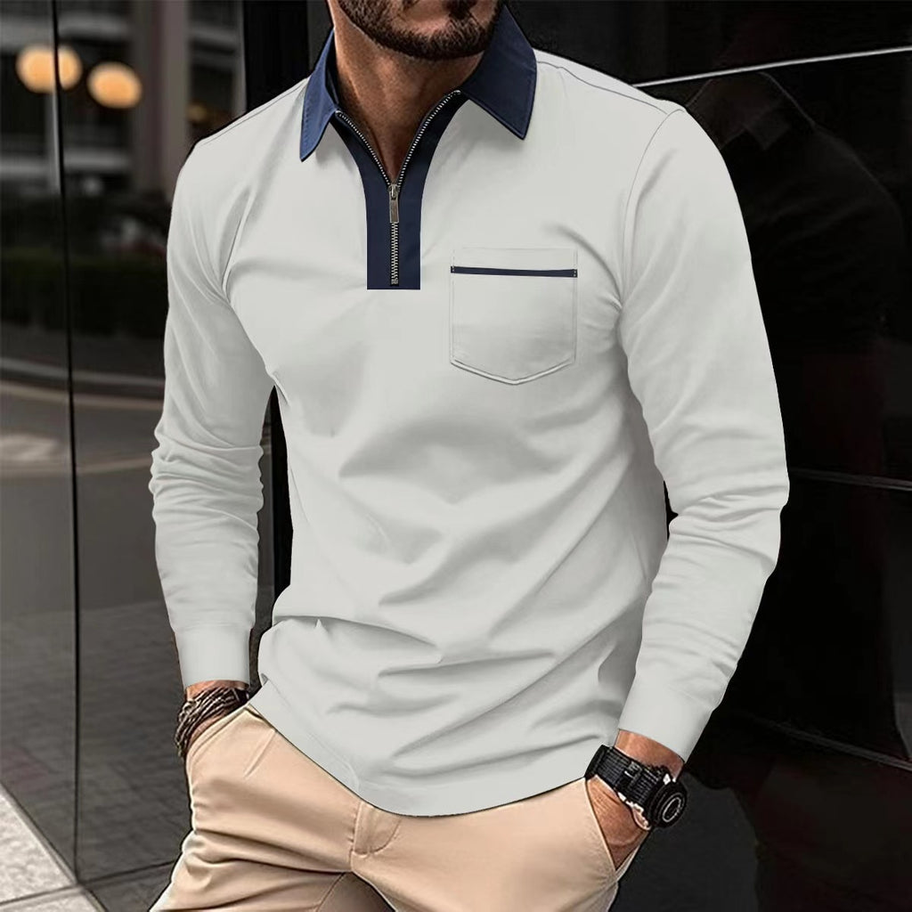 Autumn Mens Long Sleeve Zipper Polo Shirts Casual Lapel Collar Zip Up Henley Shirts Cotton Sports Golf Tennis T-Shirts With Pockets